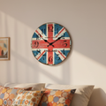 Vintage Union Jack wall clock with bold black numbers, rustic retro design, perfect British home décor accent for living rooms or bedrooms.
