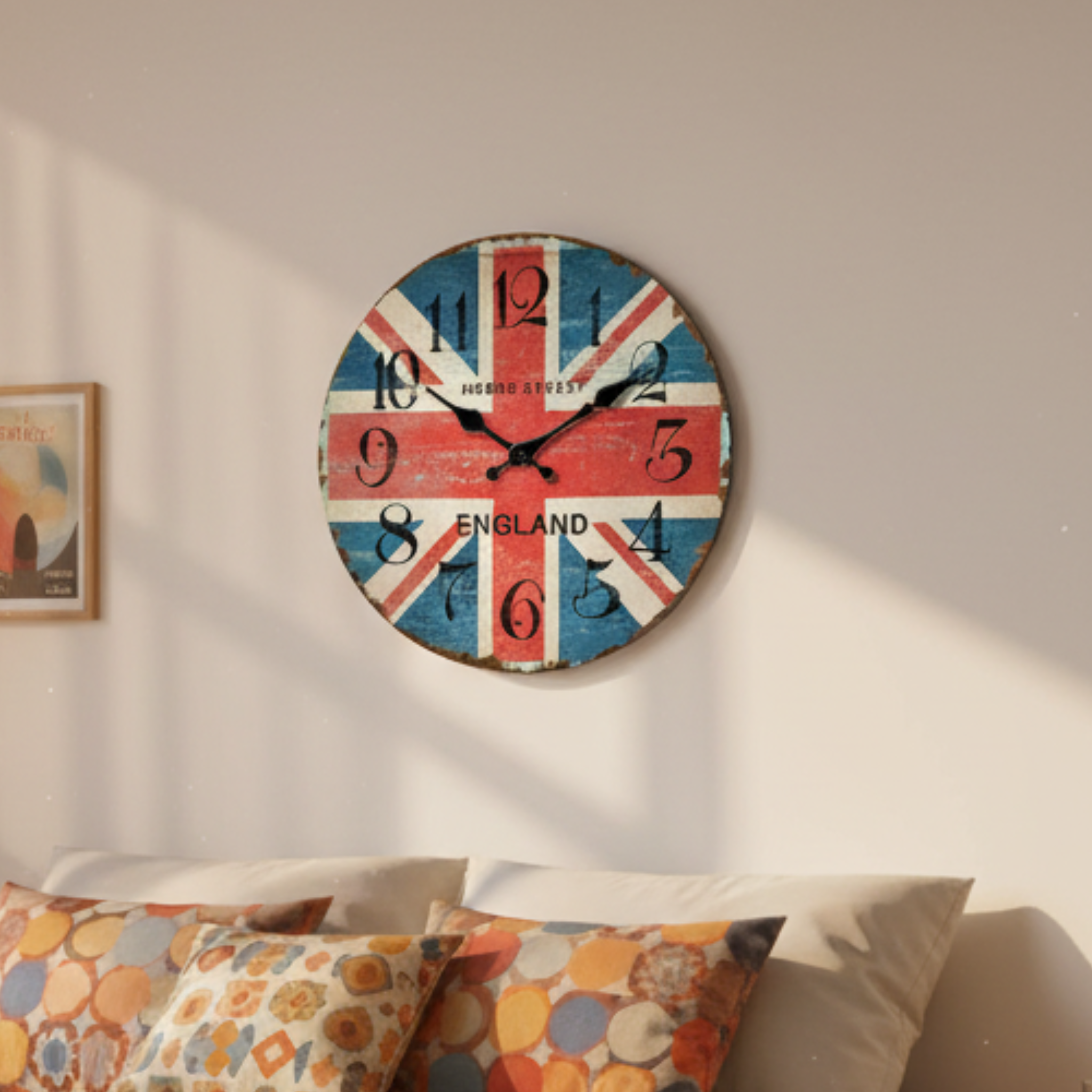 Vintage Union Jack wall clock with bold black numbers, rustic retro design, perfect British home décor accent for living rooms or bedrooms.