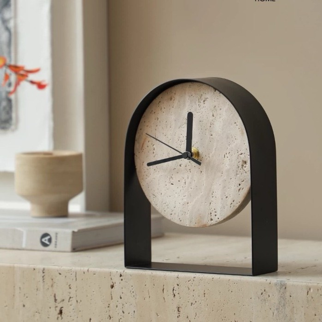 Decorative table clock, mantel clock, shelf clock, desk clock, modern home décor clock, stone-effect clock.