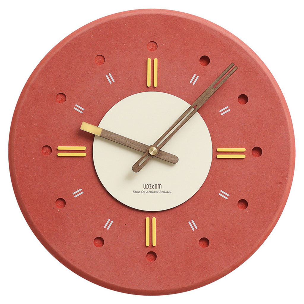 A round auburn wall clock with a warm modern look, suited to UK living rooms, kitchens, bedrooms, hallways and cosy rented homes.