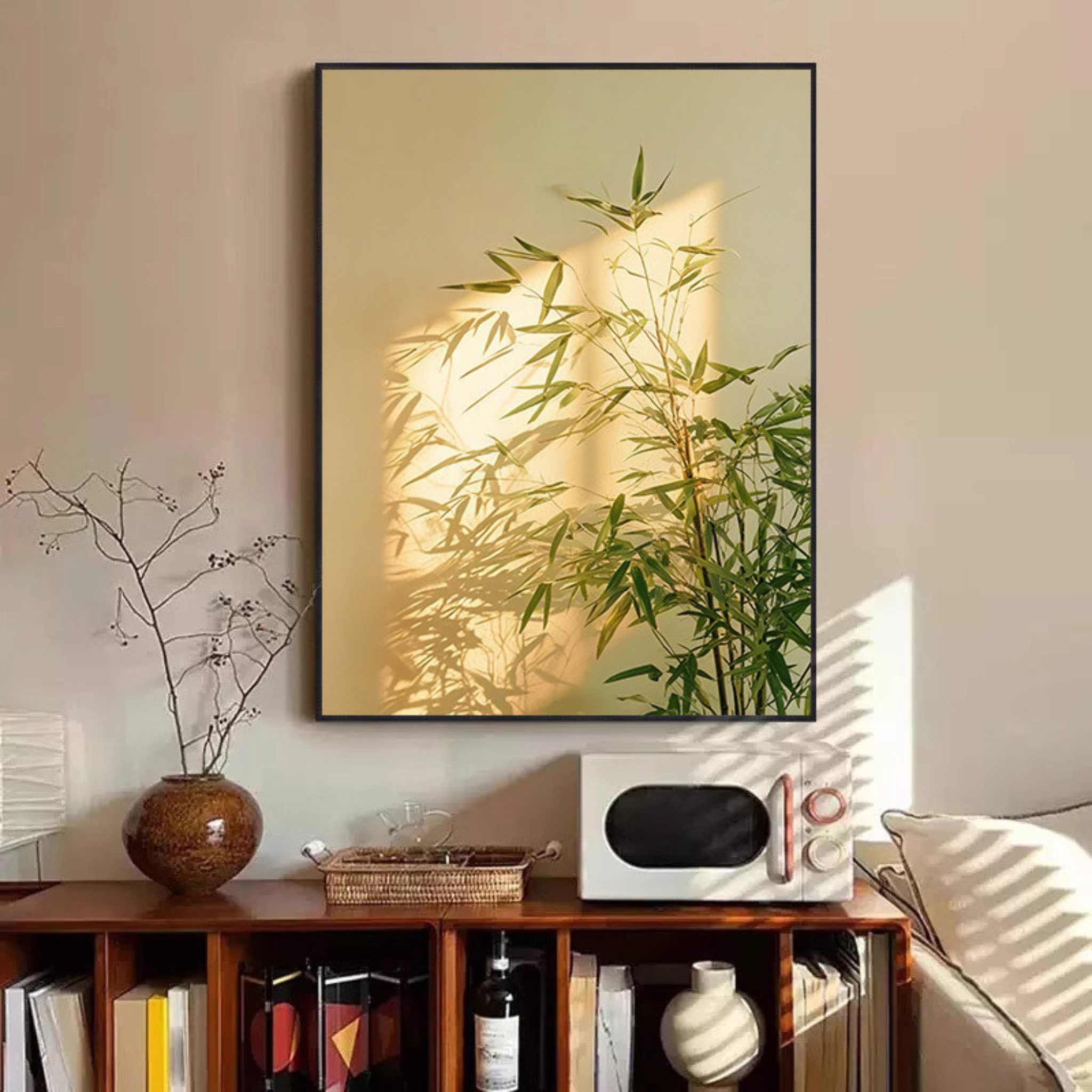 Bamboo shadow botanical framed wall art with green bamboo leaves, warm golden sunlight and leafy shadow detail for living room or hallway décor by KaShi Living