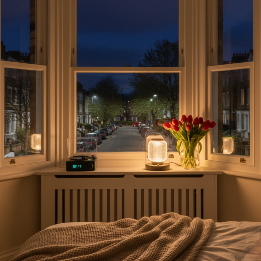 Peaceful bedroom bay window with soft glowing bedside lamp and tulips overlooking a London street at night – KaShi Living’s modern calm style