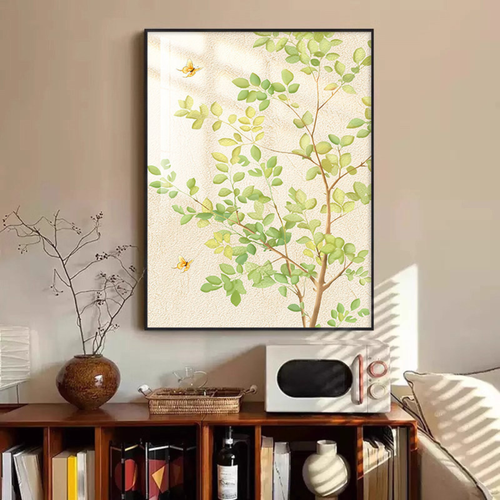 Butterfly leaf botanical framed wall art with soft green leaves, delicate butterfly detail and calm natural tones for bedroom, hallway or living room décor by KaShi Living