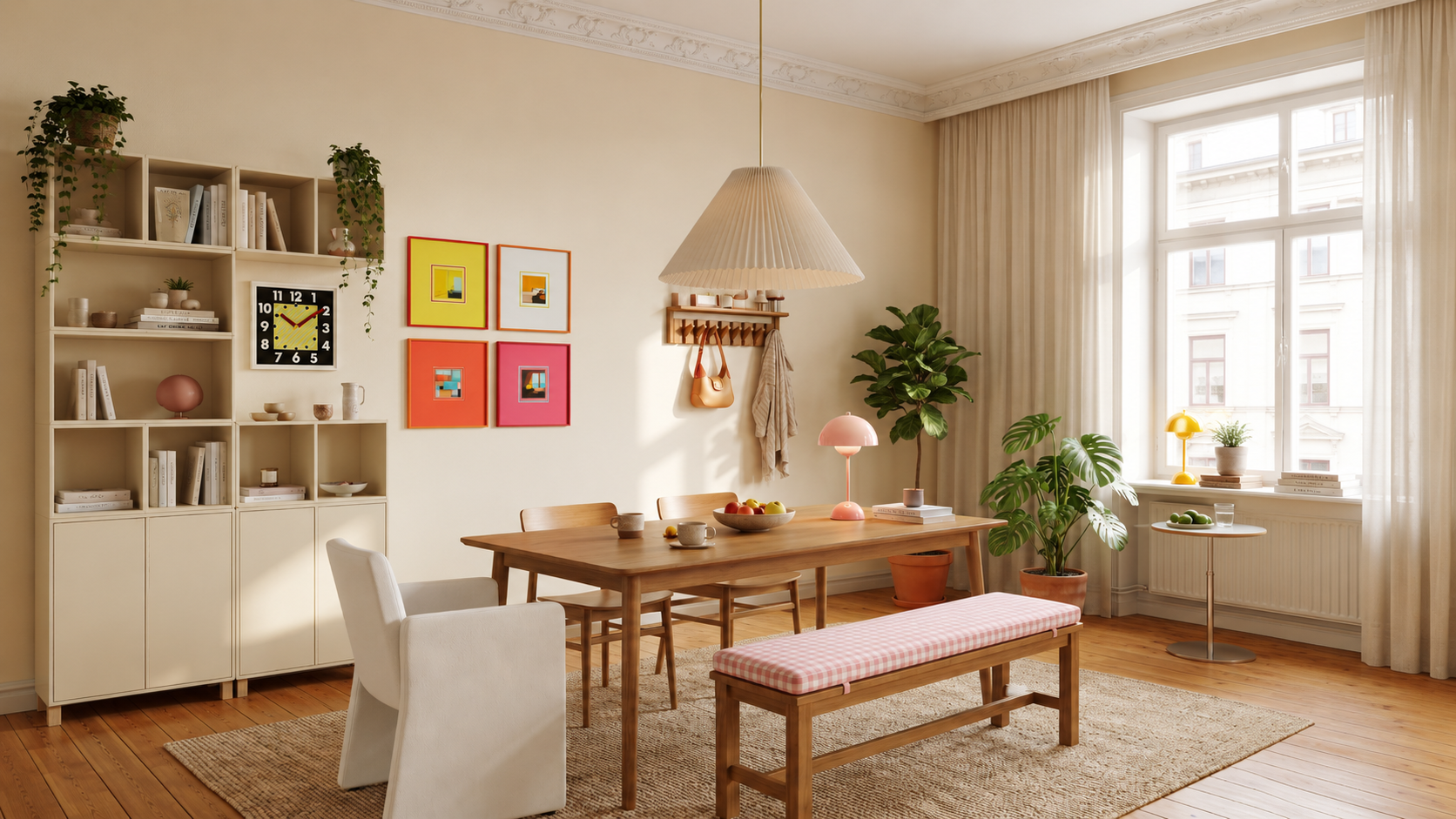 Bright UK dining room with colourful framed gallery wall, wooden dining table, pink bench cushion, soft pendant light, indoor plants and cheerful affordable-luxury decor.