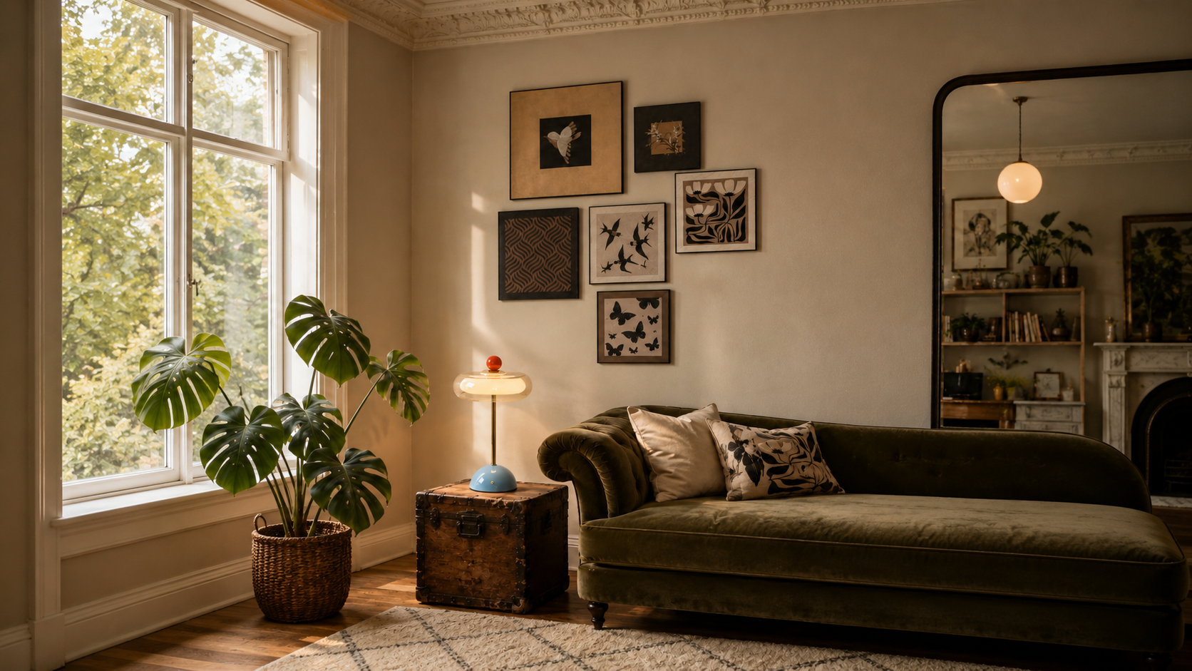 Cosy living room with green velvet sofa, warm table lamp, gallery wall, large mirror, houseplant and vintage trunk beside a bright window.