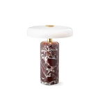 Elara Disc Portable Table Lamp with a burgundy marble-effect cylindrical base, white rounded shade and gold-tone details.