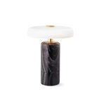 Elara Disc Portable Table Lamp with a black marble-effect cylindrical base, white rounded shade and gold-tone details.