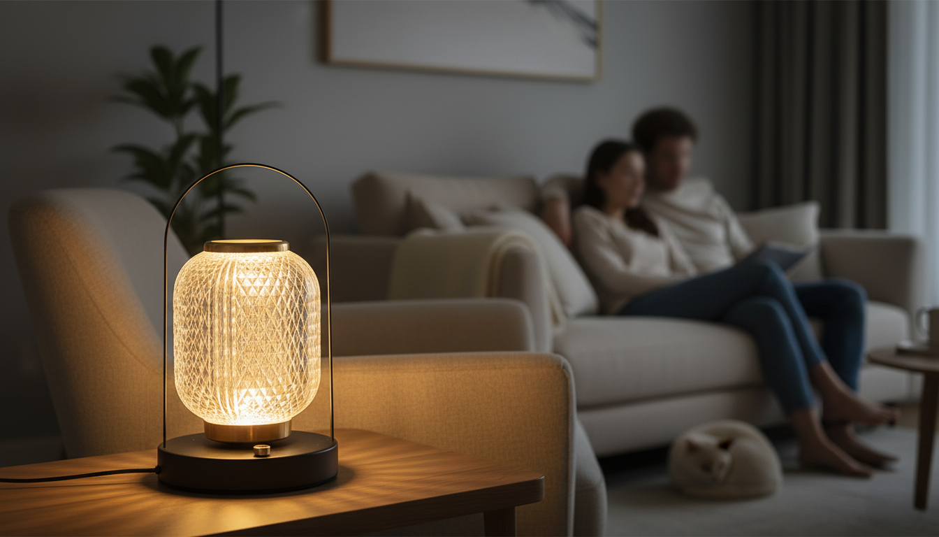 Warm textured glass table lamp glowing on a wooden side table in a cosy modern living room, with a couple relaxing on the sofa and a cat curled on the floor.