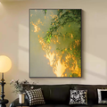 Golden bamboo botanical framed wall art with slim green bamboo leaves, warm sunlight and soft natural shadows for bedroom or living room décor by KaShi Living