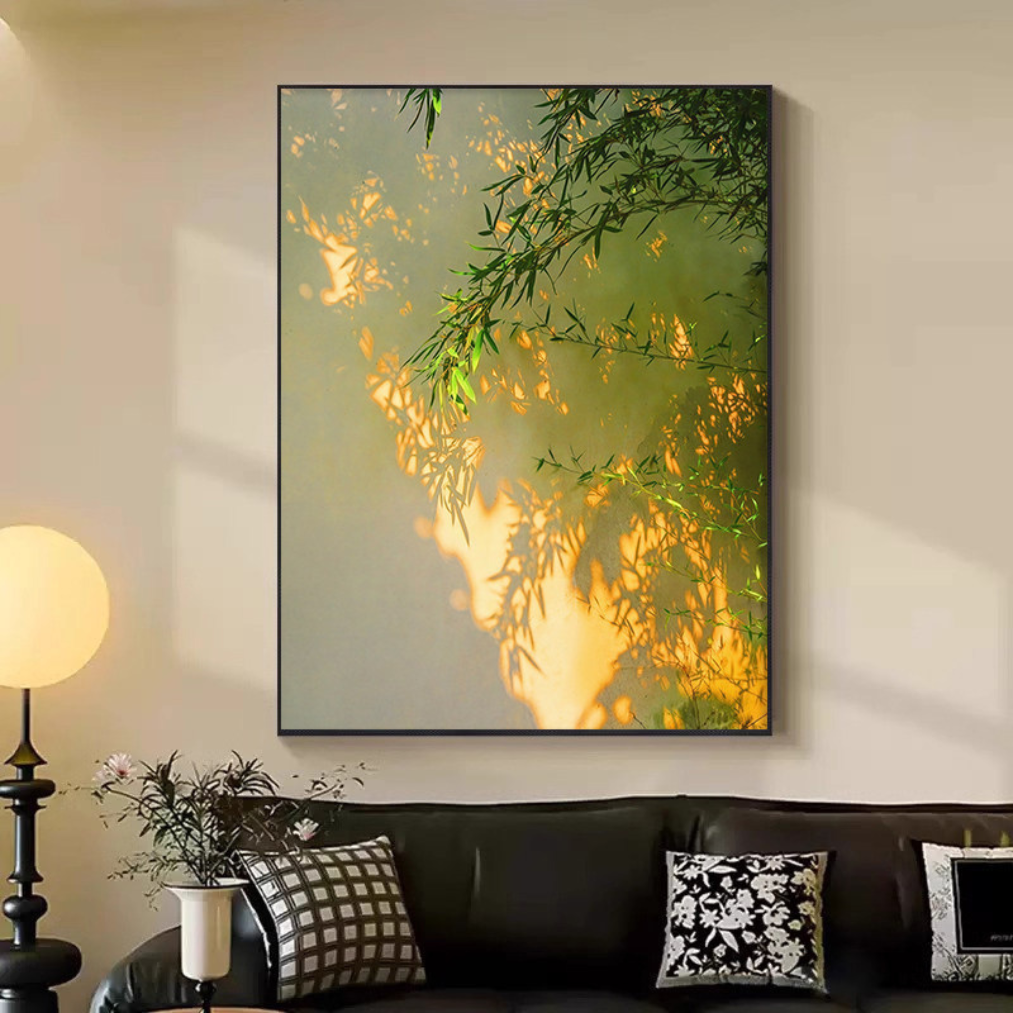 Golden bamboo botanical framed wall art with slim green bamboo leaves, warm sunlight and soft natural shadows for bedroom or living room décor by KaShi Living