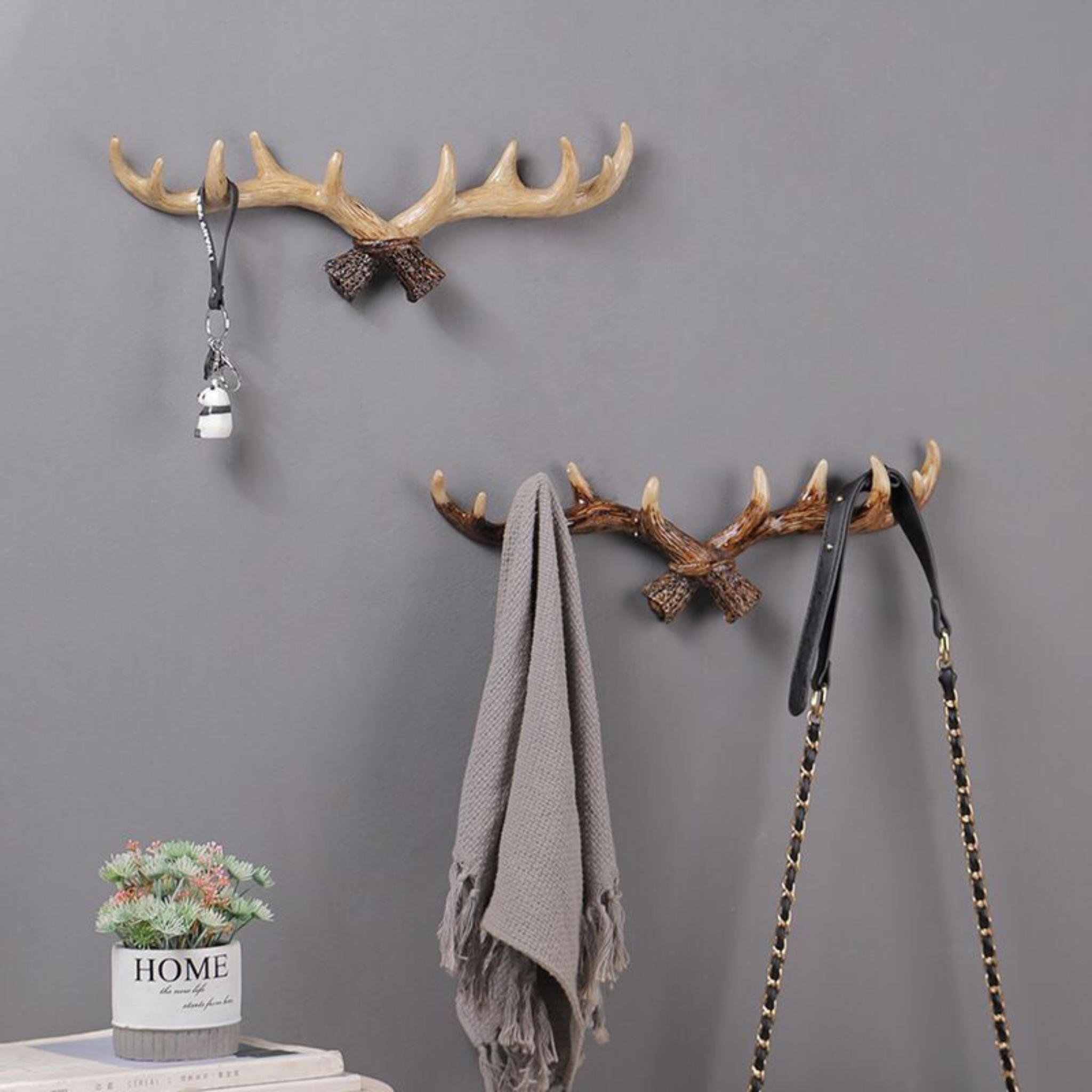 Two decorative wall hooks with antler design on a gray wall, with a plant and books below.