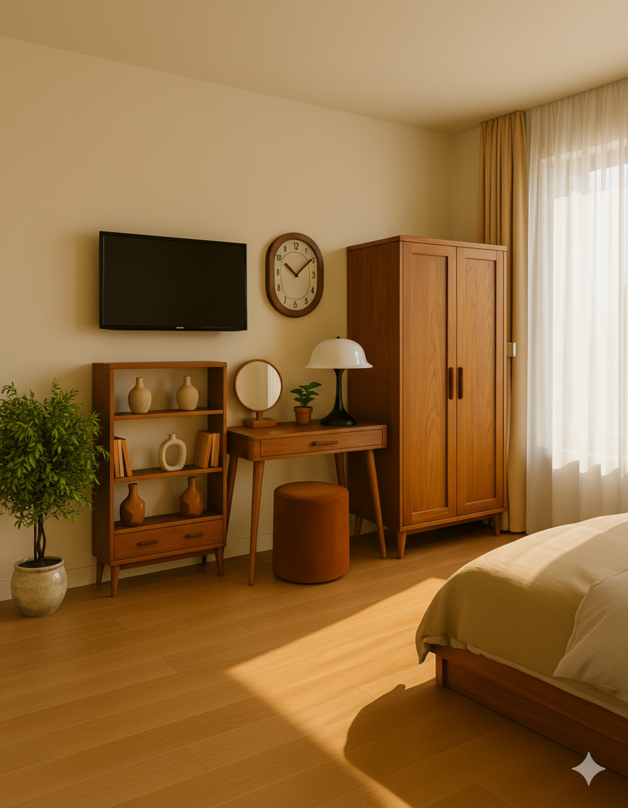 Affordable luxury mid-century modern bedroom décor with wooden furniture, cosy natural light, and renter-friendly styling – KaShi Living UK