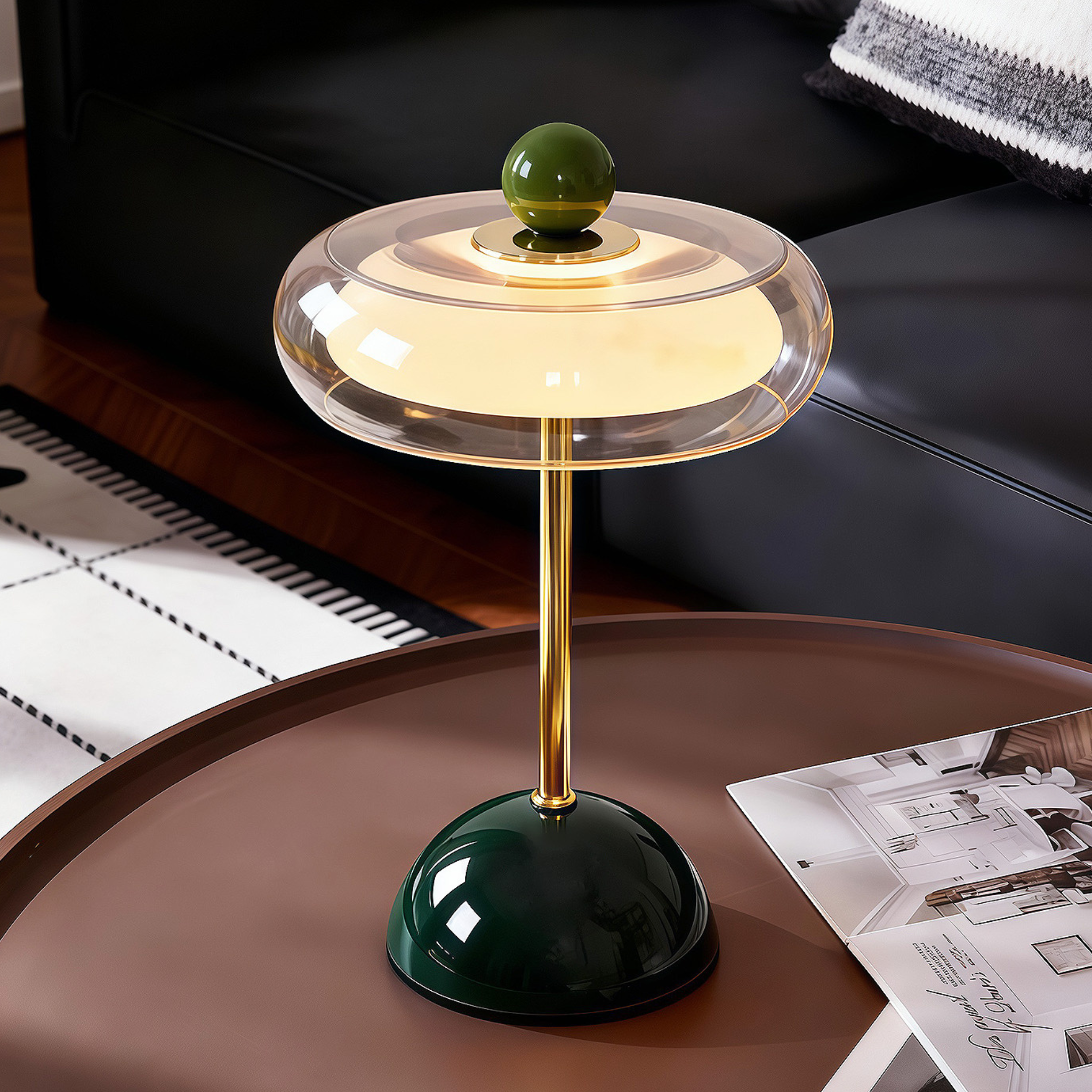 A colourful portable table lamp with a glossy round base, slim stem and softly glowing rounded shade, ideal for UK bedrooms, desks and living rooms.