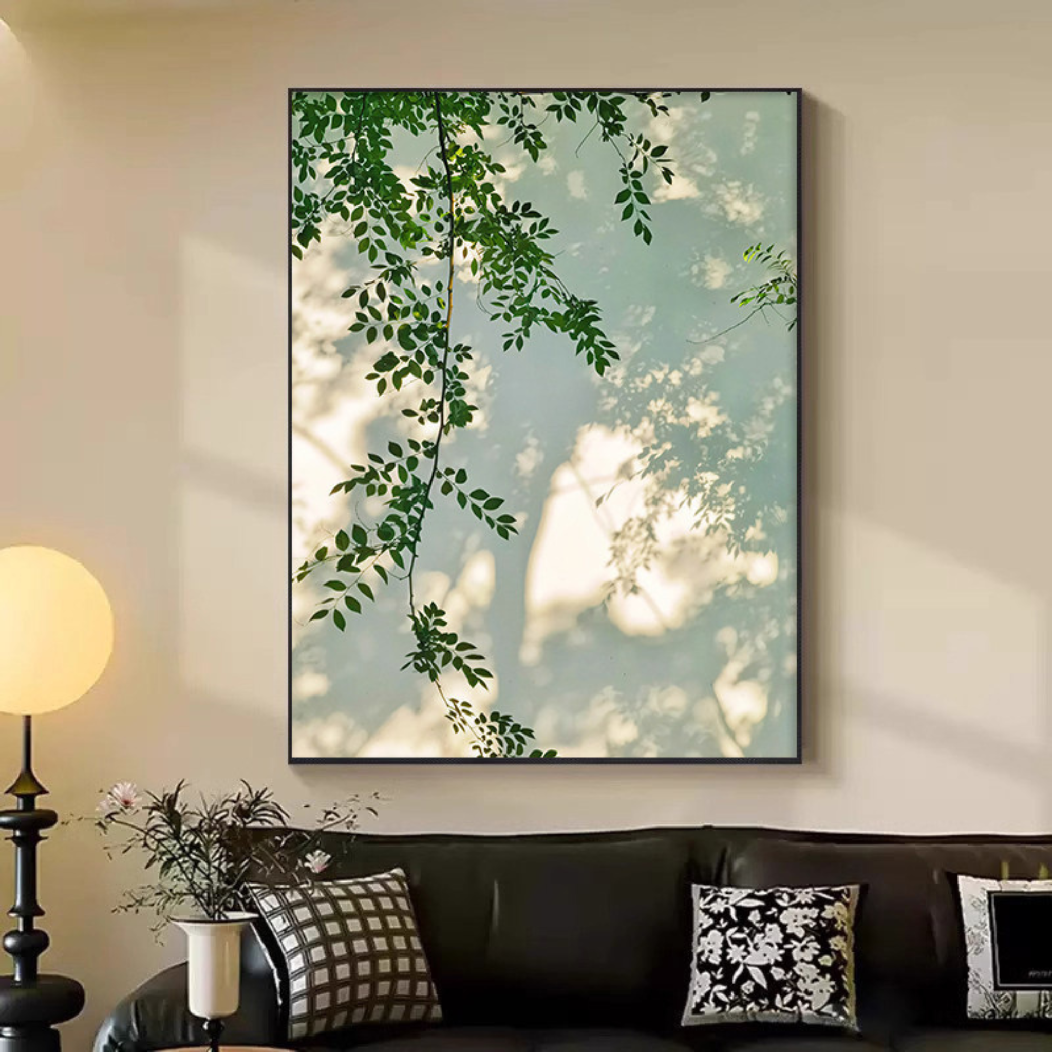 Morning canopy botanical framed wall art with green leaves, soft morning sunlight and dreamy natural tones for cosy bedroom, hallway or living room décor by KaShi Living