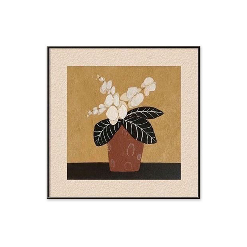 Ochre botanical framed wall art with white flowers and dark leaves, bringing warm contrast to bedrooms, living rooms and hallways.