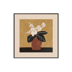 Ochre botanical framed wall art with white flowers and dark leaves, bringing warm contrast to bedrooms, living rooms and hallways.