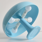Underside view of the sky blue Orla Halo Table Lamp showing four light bulbs beneath the rounded shade – KaShi Living