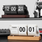 Retro flip desk clock in black and white for shelves, desks and home offices. A practical décor piece for cosy UK bedrooms, studies and living rooms.