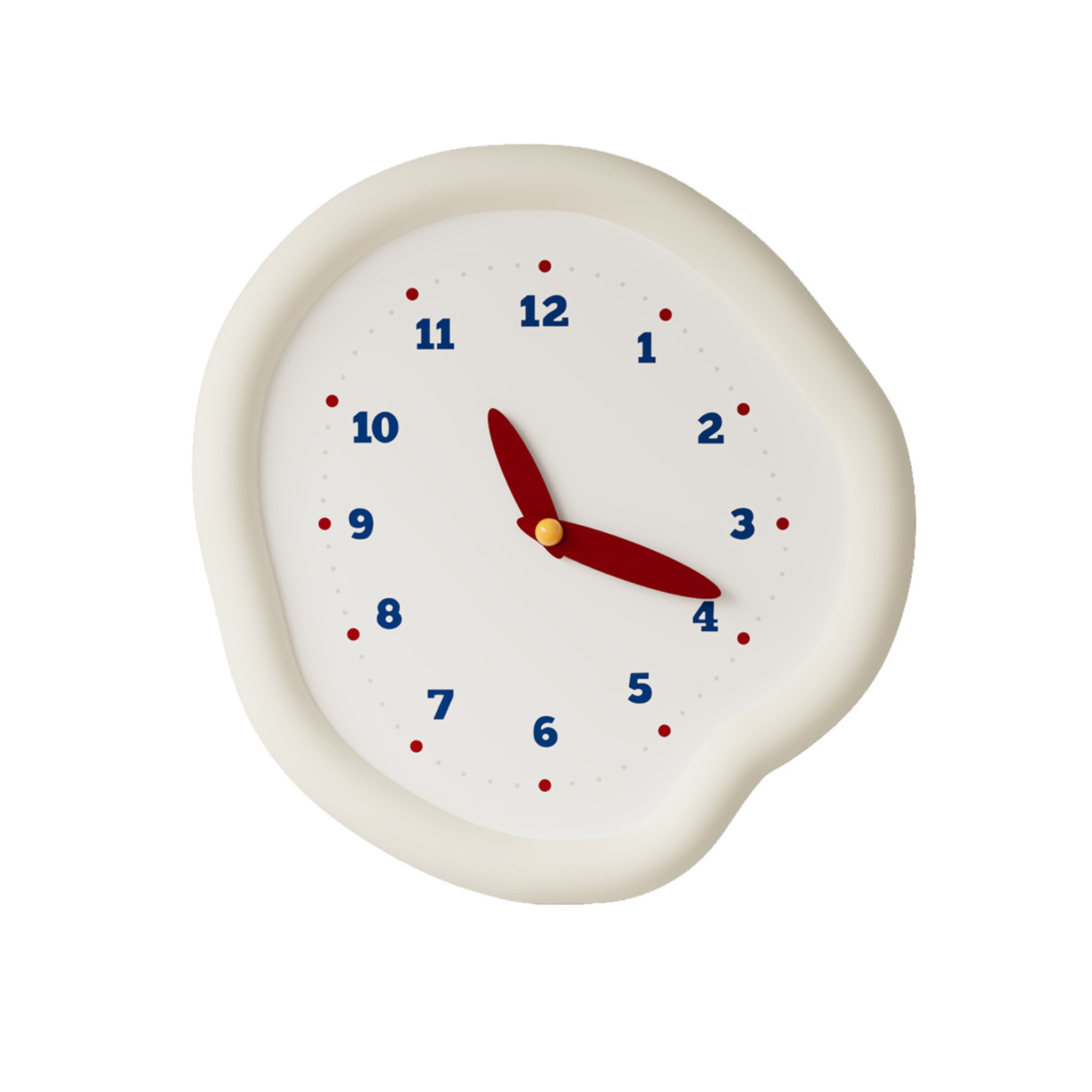 A soft ivory pebble wall clock with blue numbers and red hands, ideal for bedrooms, kitchens, hallways and cosy living rooms.