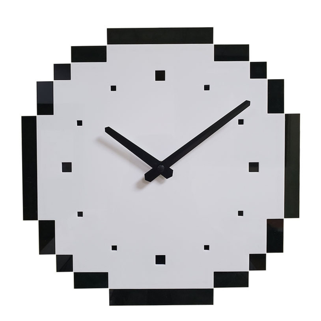 A black and white pixel-style wall clock for UK bedrooms, offices, kitchens and modern living room walls.
