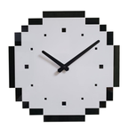 A black and white pixel-style wall clock for UK bedrooms, offices, kitchens and modern living room walls.