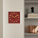 A bold square checkerboard wall clock with warm retro colour, ideal for kitchens, bedrooms, living rooms and gallery walls.