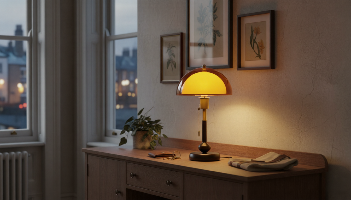 Warm dome table lamp glowing on a wooden sideboard in a cosy UK living room, with framed botanical prints, a houseplant, and evening city views through the window.