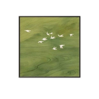 Sage green framed wall art with white birds and a softly flowing landscape, ideal for calm bedrooms, living rooms and home offices.