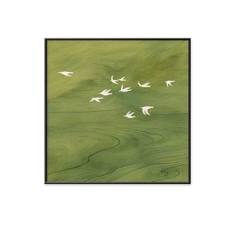 Sage green framed wall art with white birds and a softly flowing landscape, ideal for calm bedrooms, living rooms and home offices.