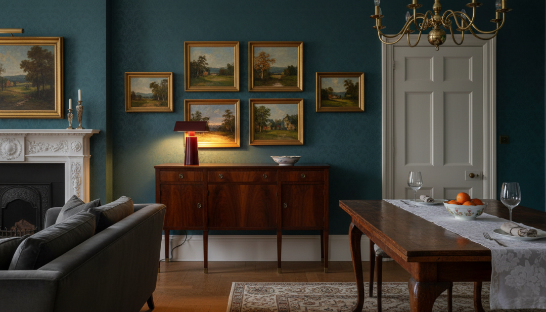 Elegant Victorian-style dining room with teal walls, framed landscape paintings, a wooden sideboard, and a warm red table lamp creating a cosy evening atmosphere.
