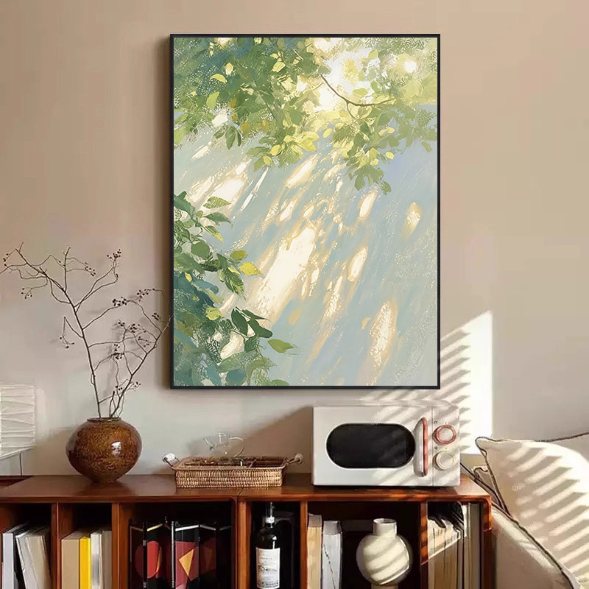 Sunlit vine botanical framed wall art with green trailing leaves, soft sunlight and natural shadow detail for living room, bedroom or hallway décor by KaShi Living