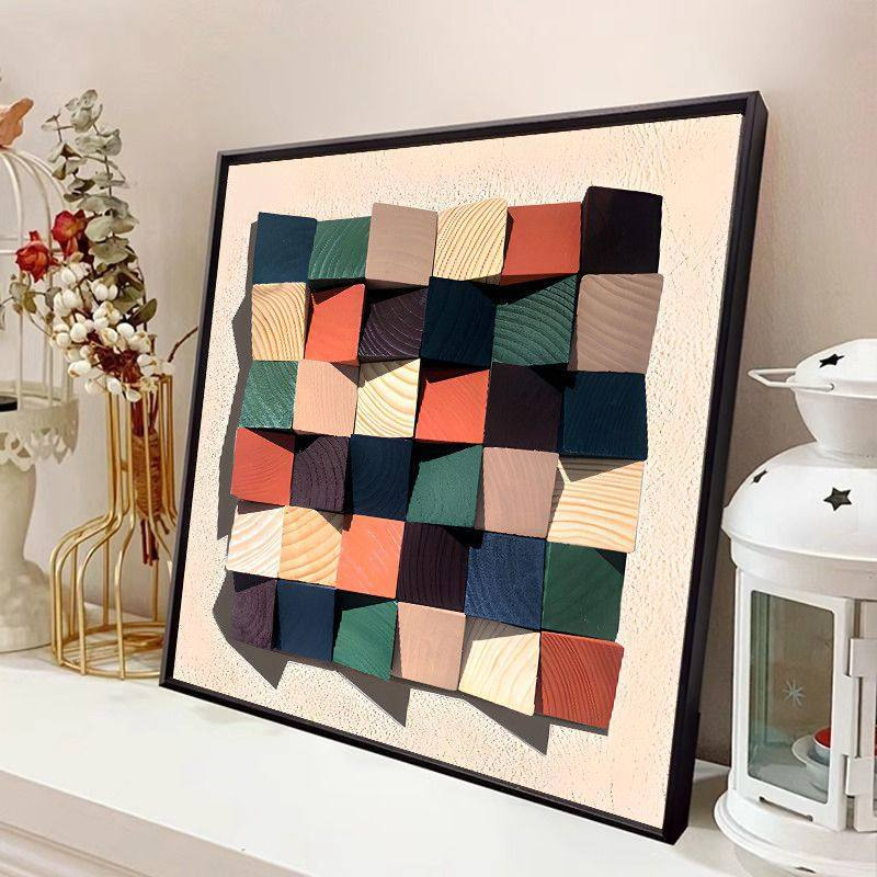 Terra Mosaic Wall Art is a framed geometric wall decoration featuring raised colourful blocks for warm, contemporary UK interiors.