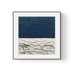Deep blue and white abstract framed wall art with a bold horizon design for living rooms, bedrooms and contemporary hallways.