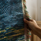 A retro textile wall art piece with a scenic woven pattern and fringe edges, designed for UK bedrooms, living rooms and cosy rented homes.