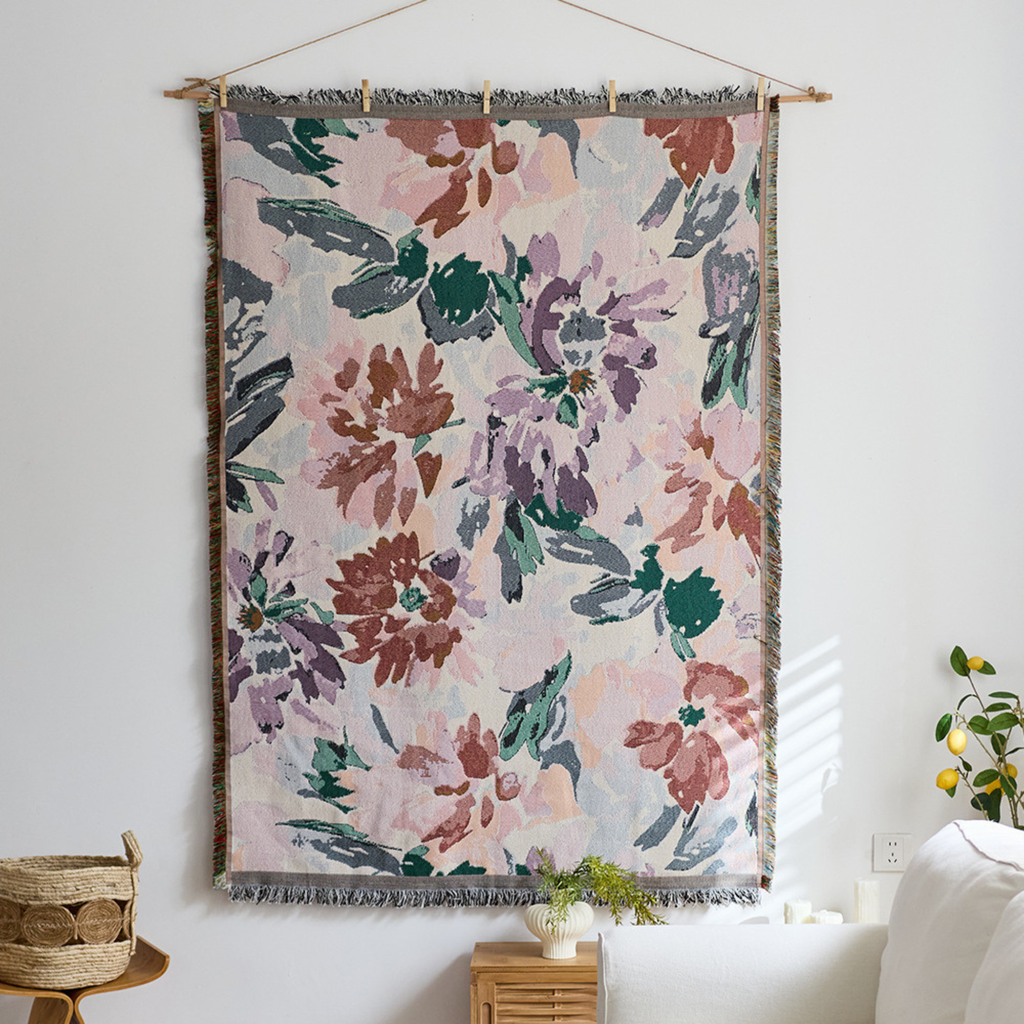 Vista Retro Textile Wall Art with soft pink floral print and woven fringe detail for bedroom or living room décor