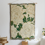 Vista Retro Textile Wall Art with cream floral design, green leaves and fringe detail for elegant home wall décor