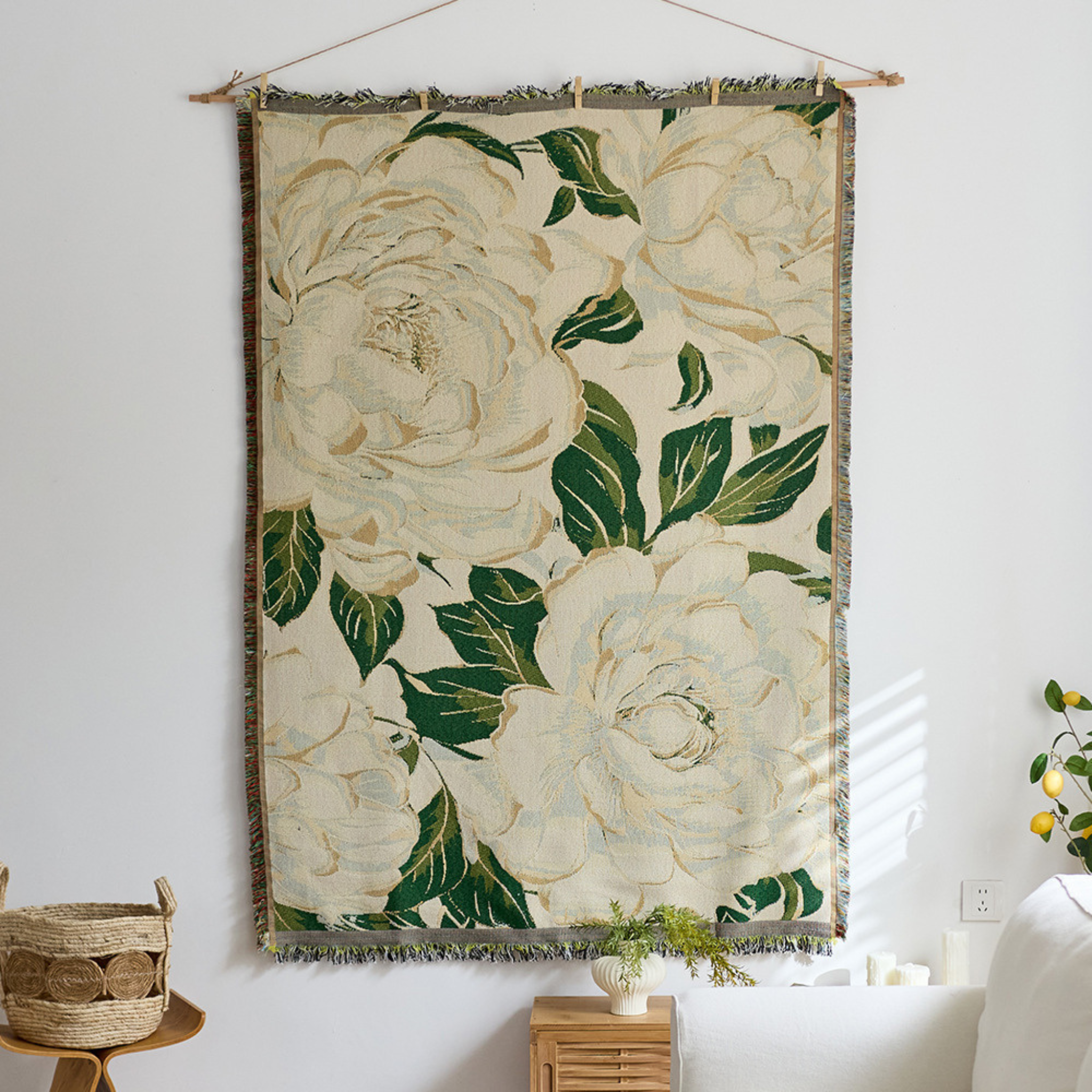 Vista Retro Textile Wall Art with cream floral design, green leaves and fringe detail for elegant home wall décor