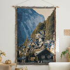 Vista Retro Textile Wall Art with scenic mountain village design and woven fringe for cosy living room wall décor
