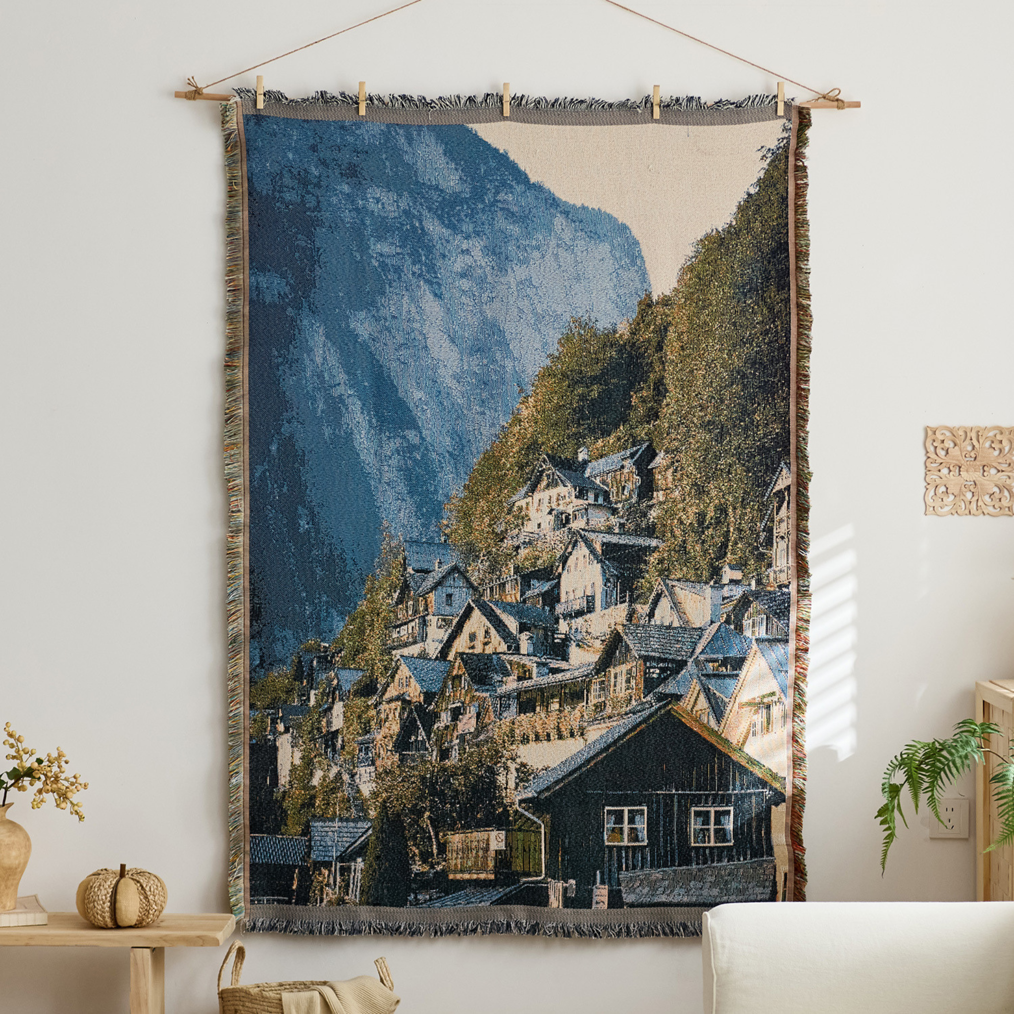 Vista Retro Textile Wall Art with scenic mountain village design and woven fringe for cosy living room wall décor