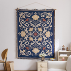 Vista Retro Textile Wall Art with navy floral scroll pattern and woven fringe for statement living room wall décor