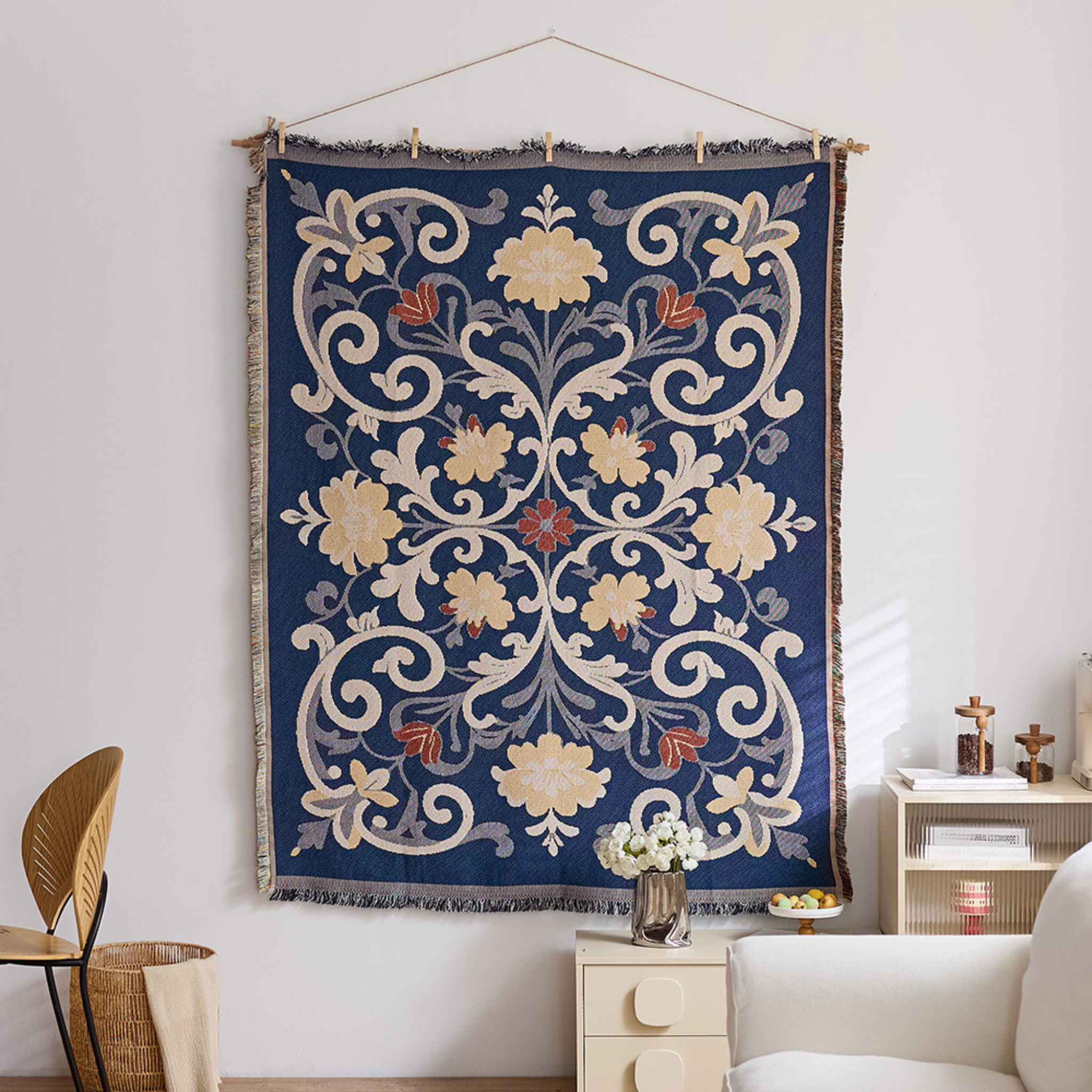 Vista Retro Textile Wall Art with navy floral scroll pattern and woven fringe for statement living room wall décor
