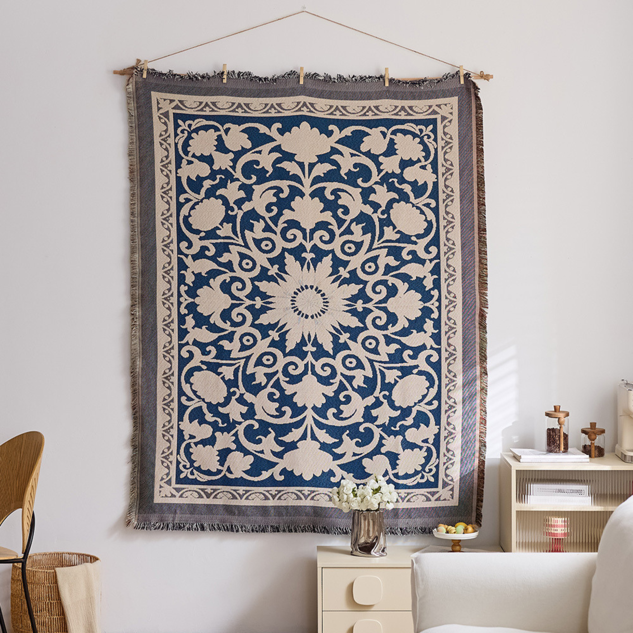 Vista Retro Textile Wall Art with navy and cream floral medallion design for classic bedroom or living room décor