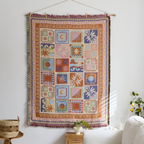 Vista Retro Textile Wall Art with colourful sun patchwork pattern and woven fringe for living room wall décor