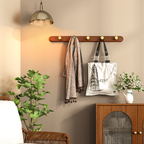 Wall-mounted coat rack with a scarf and bag against a beige wall, with a plant and cabinet in the foreground.
