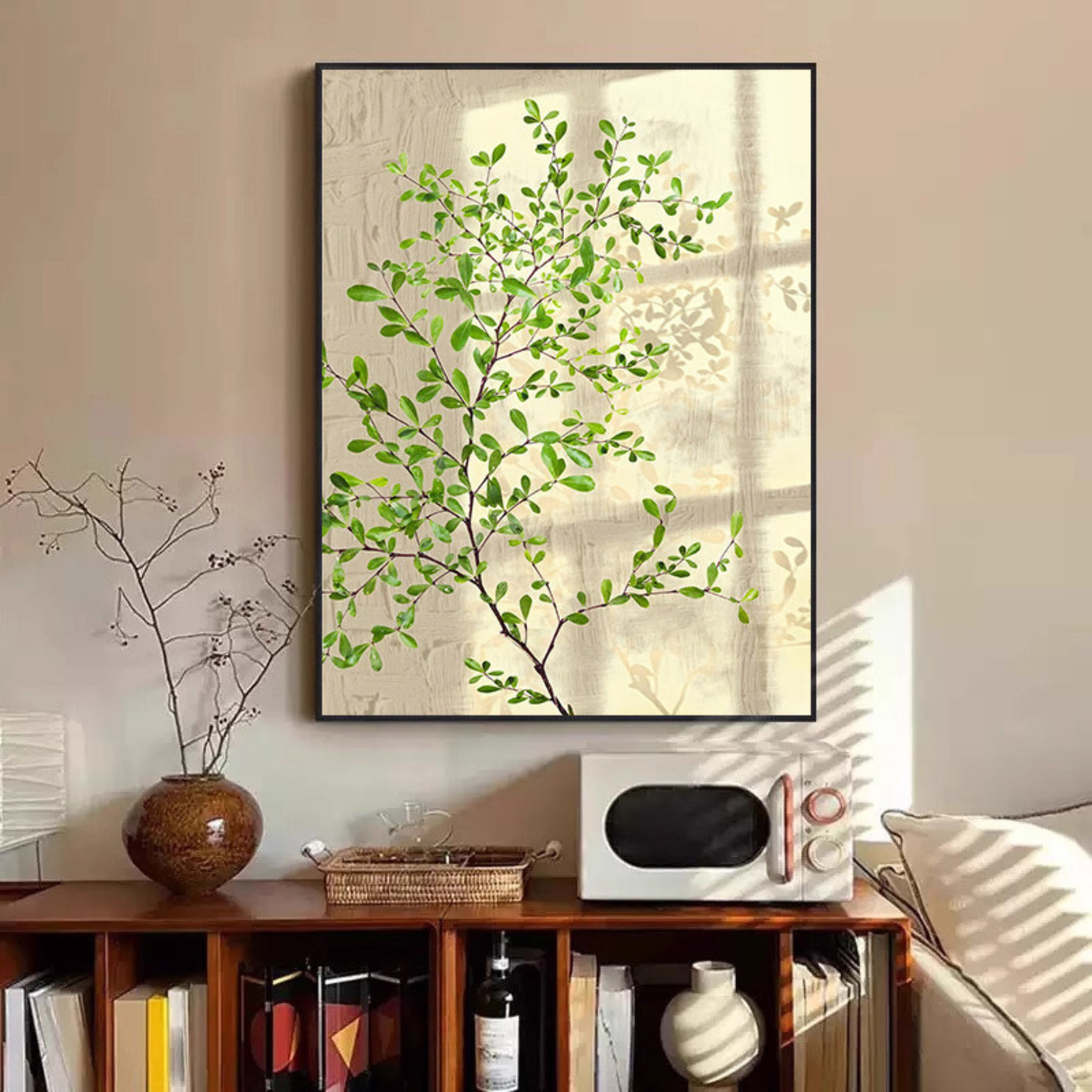 Window leaf botanical framed wall art with green branch detail, soft window light, neutral background and calming natural style for hallway or bedroom décor by KaShi Living