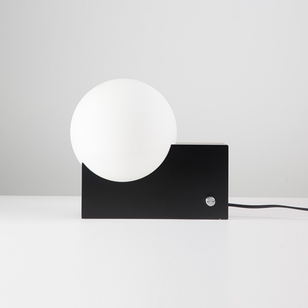 Luna Orbit Lamp in Black — sleek geometric base with spherical frosted glass light, modern accent for study or bedroom, KaShi Living