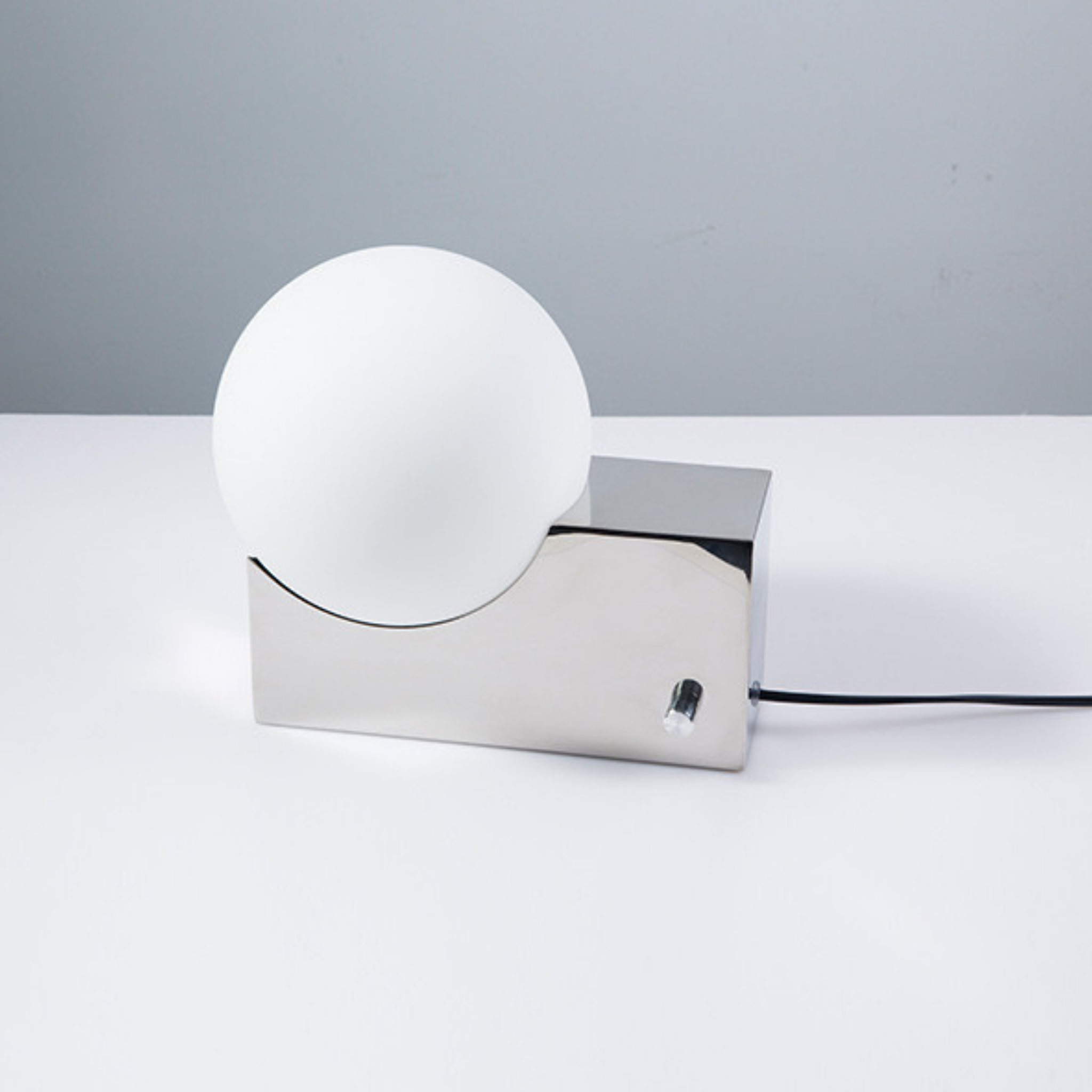 Luna Orbit Lamp in Silver — minimalist cube base with frosted glass sphere, reflective chrome design for modern interiors, KaShi Living