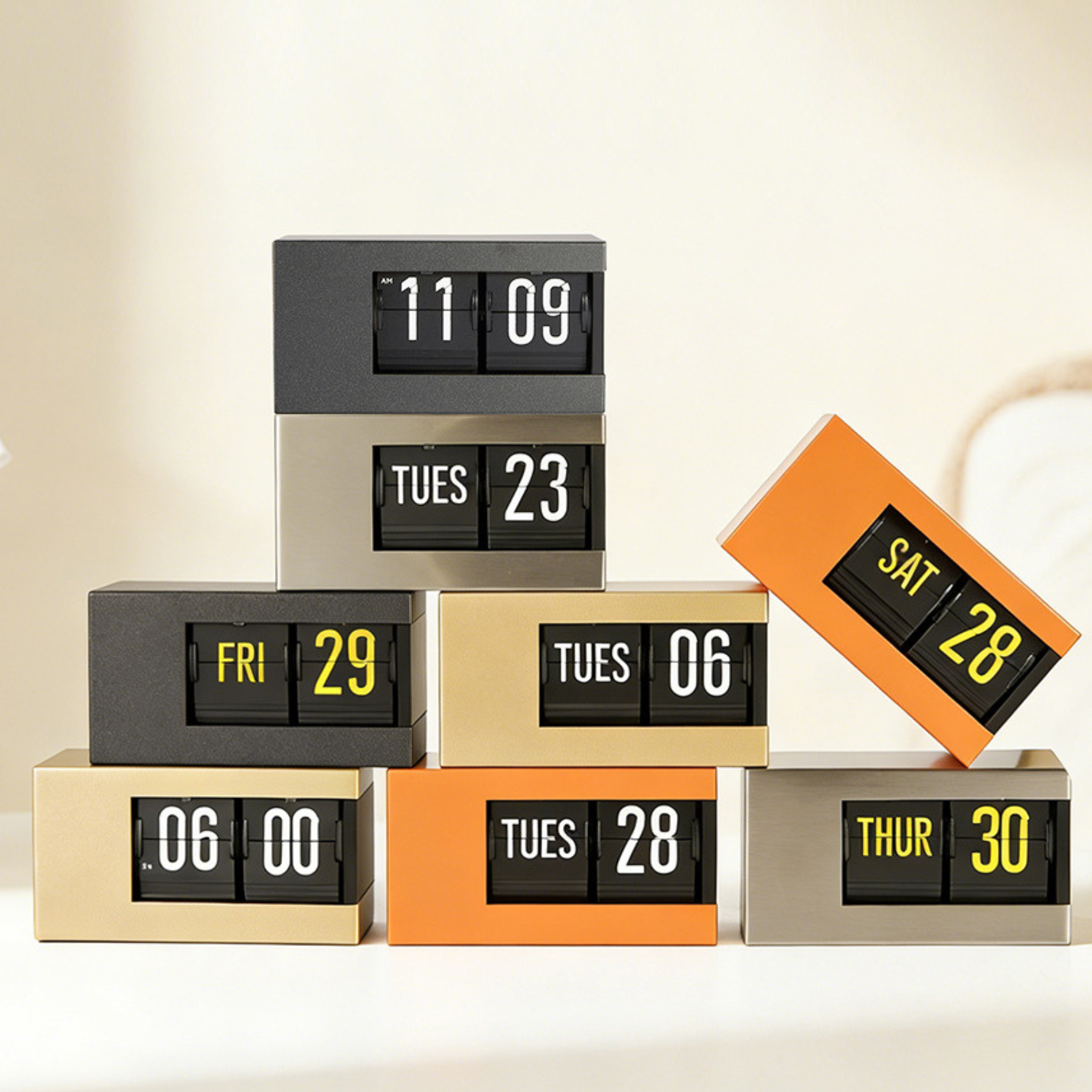 A Grey, Orange, Gold, Silver retro flip desk clock for desks, shelves, bedside tables and modern home office styling.