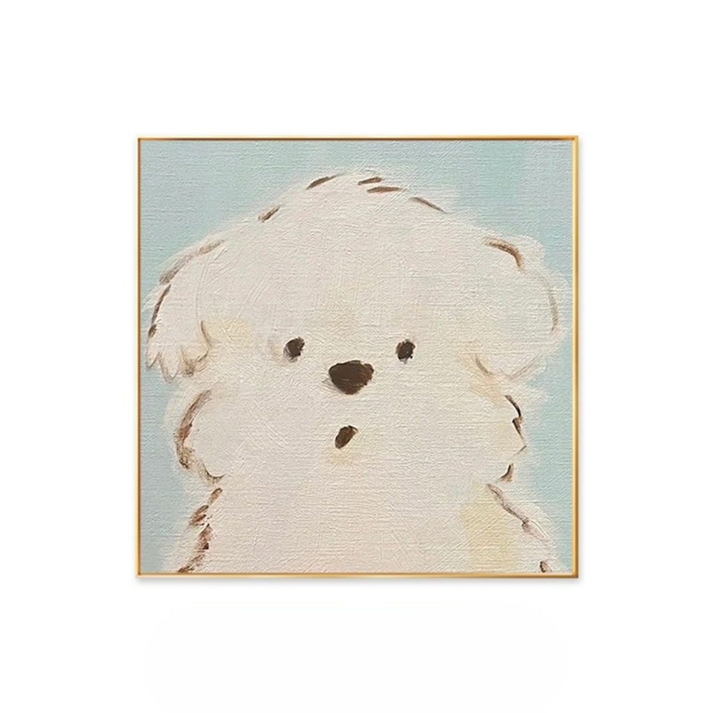 A soft framed dog wall art print with a pale blue background, ideal for nurseries, bedrooms and calm UK home décor.