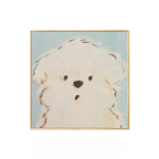 A soft framed dog wall art print with a pale blue background, ideal for nurseries, bedrooms and calm UK home décor.